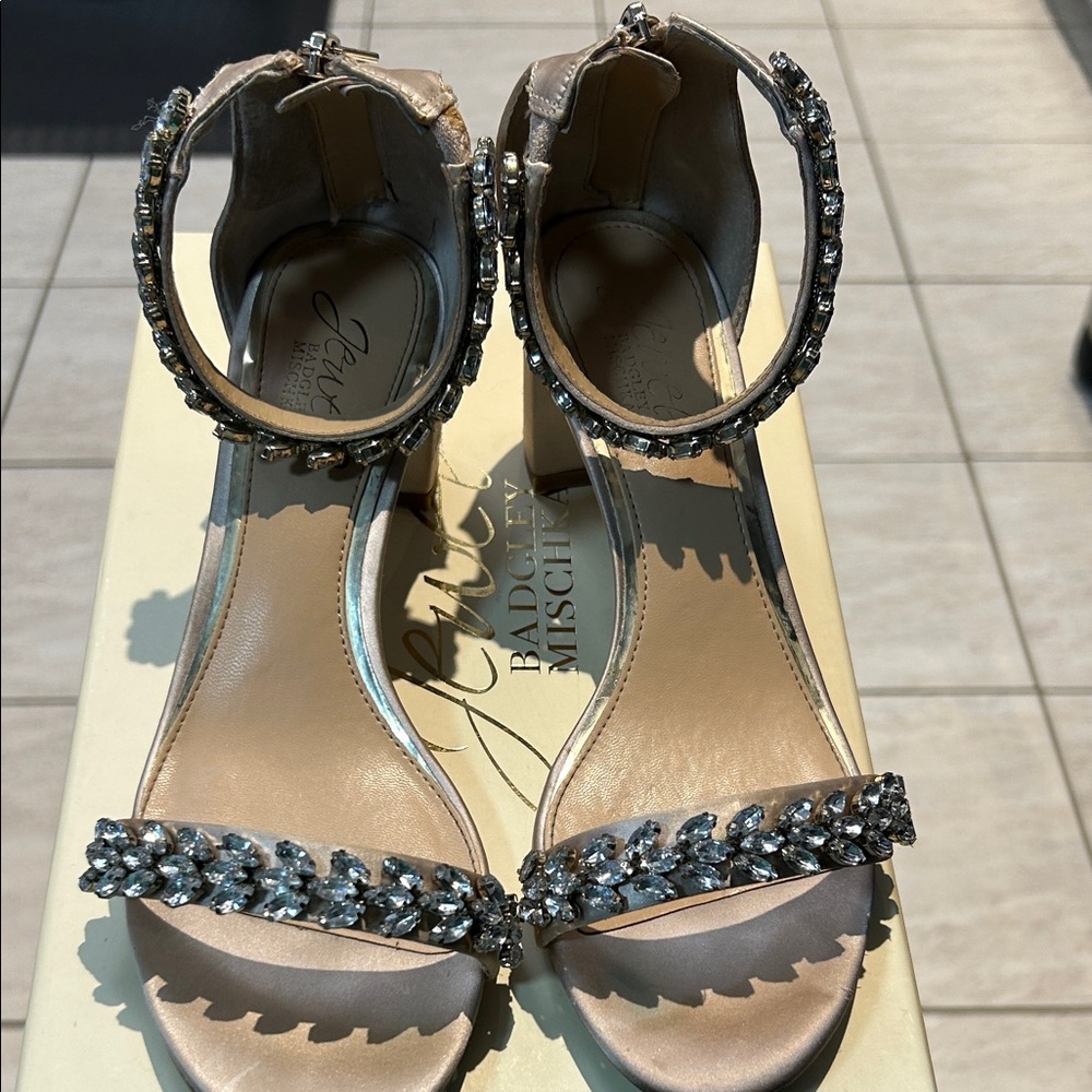 Badgley Mischka Champagne Jeweled Ankle Strap Block Heels